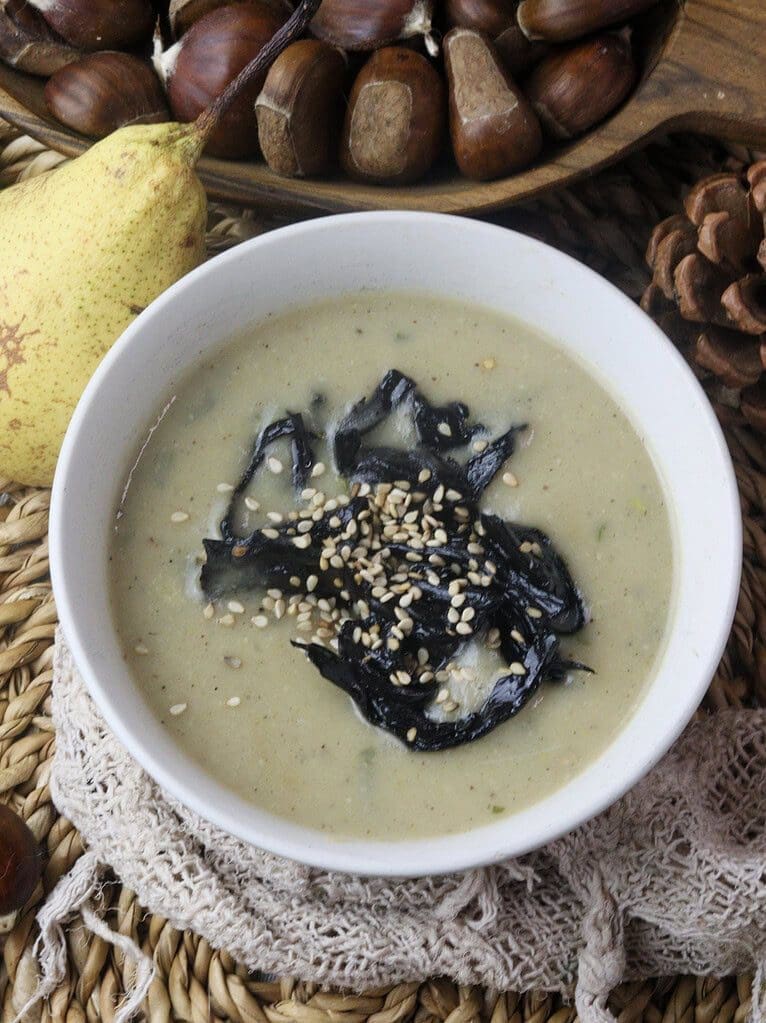 image of delicious pear and potato soup with black trumpets